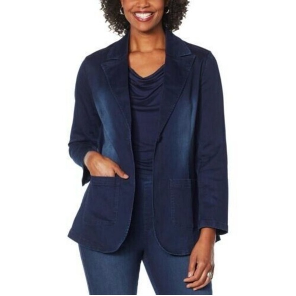NWT DG2 Diane Gilman FLEX STRETCH Tailored 1-Button Blazer, Indigo Denim Jacket - Picture 1 of 12